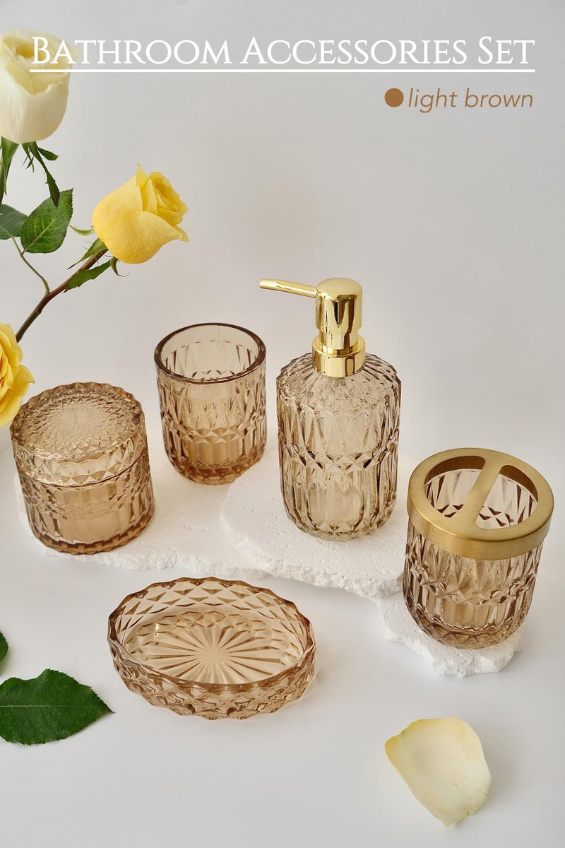 LaMarriti Brown Bathroom Accessories Set  5Pcs Clear Glass Bathroom Accessories  Lotion Soap Dispenser  Toothbrush Holder Set  Soap Dish  Qtip Holder  Tumbler  Vintage Bathroom Set  Vanity Organizer - Image 2